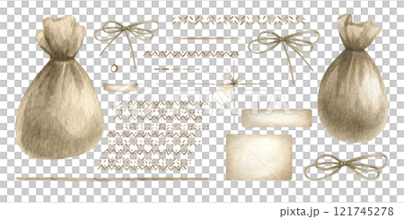 Sacks made of brown burlap, twine, bows, ropes and ribbon, kraft paper and cardboard, ethnic pattern, jute cord and thread isolated on white. Hand drawn watercolor illustration set for rustic style. 121745278
