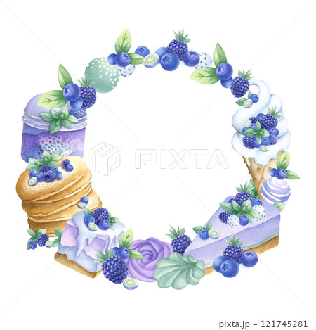Pancakes, cakes, blueberry, blackberry, ice cream and marshmallows. Round wreath frame of desserts and berries. Hand draw watercolor isolated illustration. Template with copy space for confectionery. 121745281