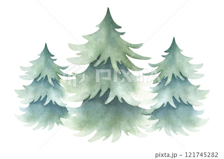 Spruces composition in simple style. Hand drawn watercolor isolated illustration three lush fir trees for Christmas and Happy New Year greeting cards template, festive packaging and landscape designs. 121745282