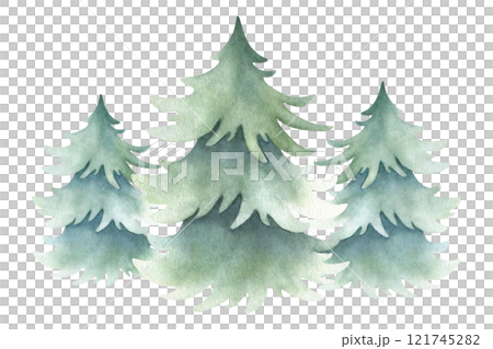 Spruces composition in simple style. Hand drawn watercolor isolated illustration three lush fir trees for Christmas and Happy New Year greeting cards template, festive packaging and landscape designs. 121745282