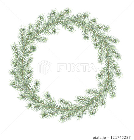 Christmas round wreath with green spruce branches. Hand drawn watercolor isolated illustration fir tree twigs for festive Happy New Year greeting cards template, sticker, label, postcard and design. 121745287