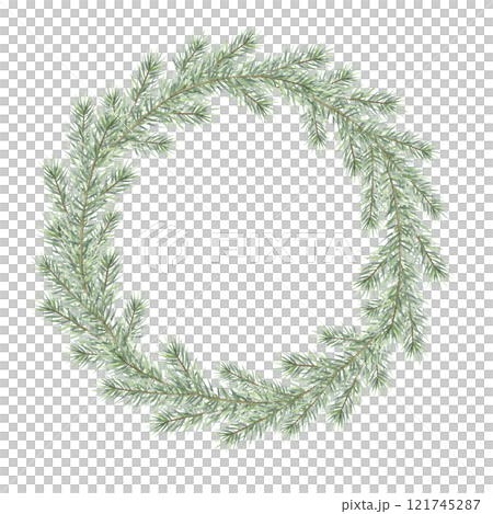 Christmas round wreath with green spruce branches. Hand drawn watercolor isolated illustration fir tree twigs for festive Happy New Year greeting cards template, sticker, label, postcard and design. 121745287