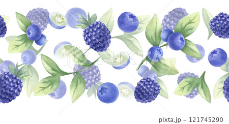 Blueberry and blackberry watercolor seamless border. Hand drawn isolated illustration juicy wild berries bilberry and dewberry. Banner for kitchen textile, food packaging, healthy food and recipes. Blueberry and blackberry watercolor seamless border. Hand drawn isolated illustration juicy wild berries bilberry and dewberry. Banner for kitchen textile, food packaging, healthy food and recipes. 121745290