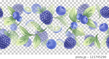 Blueberry and blackberry watercolor seamless border. Hand drawn isolated illustration juicy wild berries bilberry and dewberry. Banner for kitchen textile, food packaging, healthy food and recipes. Blueberry and blackberry watercolor seamless border. Hand drawn isolated illustration juicy wild berries bilberry and dewberry. Banner for kitchen textile, food packaging, healthy food and recipes. 121745290