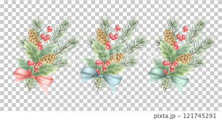 Christmas bouquets set with fir branches, cones and holly berries and leaves tied with bows in red, green and blue colors. Hand drawn watercolor isolated illustrations for New Year cards template. 121745291