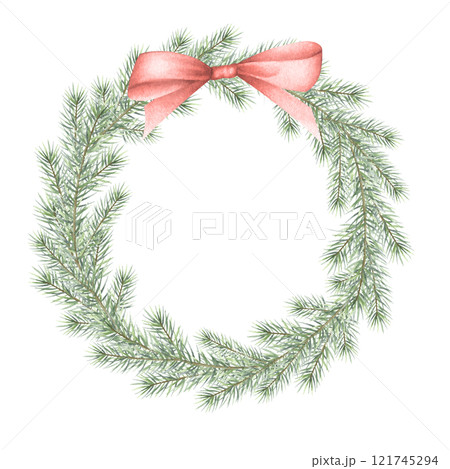 Christmas wreath with green spruce branches and red bow. Hand drawn watercolor isolated illustration fir tree twigs for festive New Year greeting cards template, sticker, postcard, tags and design. 121745294