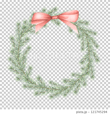 Christmas wreath with green spruce branches and red bow. Hand drawn watercolor isolated illustration fir tree twigs for festive New Year greeting cards template, sticker, postcard, tags and design. 121745294