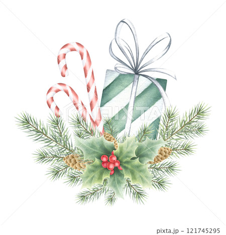 Christmas gift white-green striped box with bow and candy canes decorated with holly and spruce branches. Hand drawn watercolor isolated illustration for New Year greeting cards template and designs. 121745295