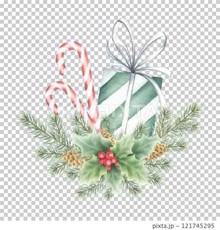 Christmas gift white-green striped box with bow and candy canes decorated with holly and spruce branches. Hand drawn watercolor isolated illustration for New Year greeting cards template and designs. 121745295