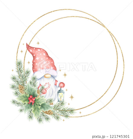Christmas gnome with lantern, fir branches, cones and holly berries and leaves round wreath with double golden frame. Hand drawn watercolor isolated illustration for New Year greeting card templates. 121745301