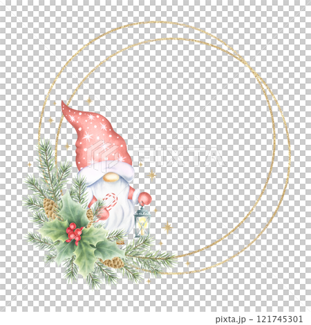 Christmas gnome with lantern, fir branches, cones and holly berries and leaves round wreath with double golden frame. Hand drawn watercolor isolated illustration for New Year greeting card templates. 121745301