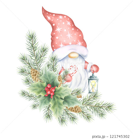Christmas gnome with lantern, fir branches, cones and holly berries and leaves. Hand drawn watercolor isolated illustration fairytale character for New year greeting card, festive package and design. 121745302