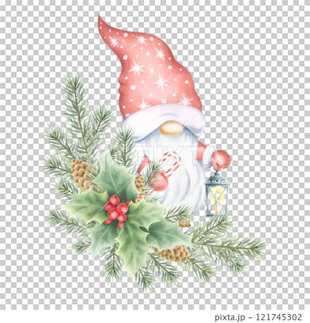 Christmas gnome with lantern, fir branches, cones and holly berries and leaves. Hand drawn watercolor isolated illustration fairytale character for New year greeting card, festive package and design. 121745302