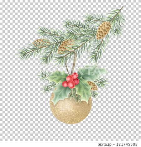 Christmas golden tree ball with holly plant hanged on spruce branch with cones. Hand drawn watercolor isolated illustration for Happy New Year greeting cards template, festive packaging and designs. Christmas golden tree ball with holly plant hanged on spruce branch with cones. Hand drawn watercolor isolated illustration for Happy New Year greeting cards template, festive packaging and designs. 121745308
