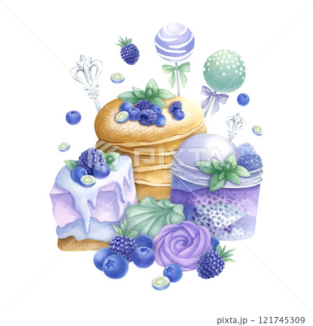 Pancakes, cakes, blueberry, blackberry, ice cream, marshmallows, cake pops in purple and green colors composition. Hand draw watercolor isolated illustration for food packaging, recipes and cookbooks. Pancakes, cakes, blueberry, blackberry, ice cream, marshmallows, cake pops in purple and green colors composition. Hand draw watercolor isolated illustration for food packaging, recipes and cookbooks. 121745309
