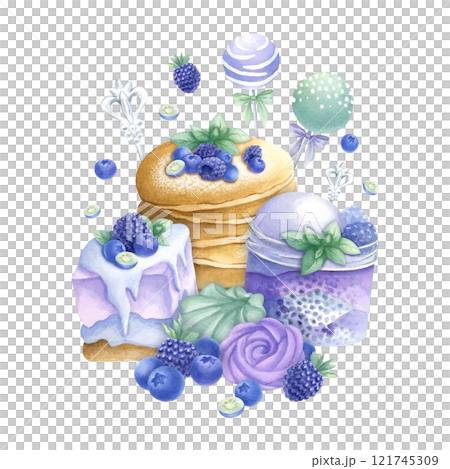 Pancakes, cakes, blueberry, blackberry, ice cream, marshmallows, cake pops in purple and green colors composition. Hand draw watercolor isolated illustration for food packaging, recipes and cookbooks. Pancakes, cakes, blueberry, blackberry, ice cream, marshmallows, cake pops in purple and green colors composition. Hand draw watercolor isolated illustration for food packaging, recipes and cookbooks. 121745309