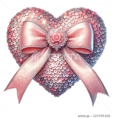 Charming Pink Sequin Heart with Ribbon Bow and Floral Center 121745320