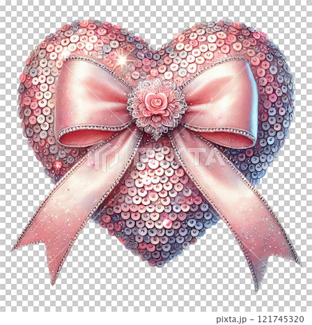 Charming Pink Sequin Heart with Ribbon Bow and Floral Center 121745320