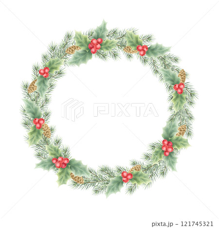 Christmas wreath with holly, red berries, green leaves, fir branches and cones. Hand drawn watercolor isolated festive illustration for New Year greeting cards template, sticker, label and design. 121745321