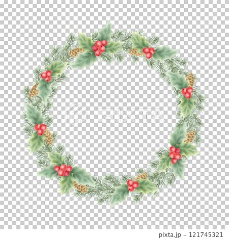 Christmas wreath with holly, red berries, green leaves, fir branches and cones. Hand drawn watercolor isolated festive illustration for New Year greeting cards template, sticker, label and design. 121745321