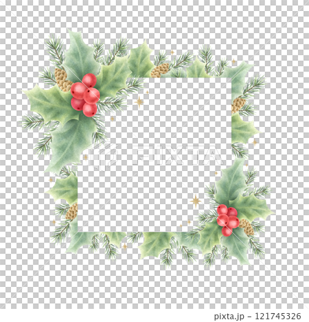 Christmas card square template with holly berries and leaves, spruce branches and cones. Hand drawn watercolor isolated illustration with empty space for text for New year greeting cards and designs. Christmas card square template with holly berries and leaves, spruce branches and cones. Hand drawn watercolor isolated illustration with empty space for text for New year greeting cards and designs. 121745326