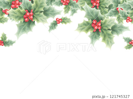 Christmas holly red berries and green leaves watercolor isolated illustration. Hand drawn seamless upper border for winter holiday season, New Year greeting cards template, festive banners, textile. Christmas holly red berries and green leaves watercolor isolated illustration. Hand drawn seamless upper border for winter holiday season, New Year greeting cards template, festive banners, textile. 121745327