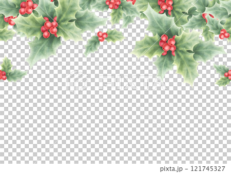 Christmas holly red berries and green leaves watercolor isolated illustration. Hand drawn seamless upper border for winter holiday season, New Year greeting cards template, festive banners, textile. Christmas holly red berries and green leaves watercolor isolated illustration. Hand drawn seamless upper border for winter holiday season, New Year greeting cards template, festive banners, textile. 121745327