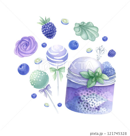 Dessert with whipped cream, ice cream, chia seeds, mint, blueberry and blackberry in glass jar, with silver spoon. Marshmallows, cake pops. Hand drawn watercolor isolated illustration for food design. Dessert with whipped cream, ice cream, chia seeds, mint, blueberry and blackberry in glass jar, with silver spoon. Marshmallows, cake pops. Hand drawn watercolor isolated illustration for food design. 121745328