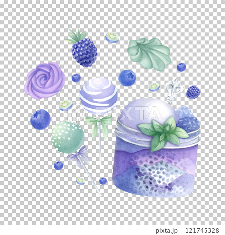 Dessert with whipped cream, ice cream, chia seeds, mint, blueberry and blackberry in glass jar, with silver spoon. Marshmallows, cake pops. Hand drawn watercolor isolated illustration for food design. Dessert with whipped cream, ice cream, chia seeds, mint, blueberry and blackberry in glass jar, with silver spoon. Marshmallows, cake pops. Hand drawn watercolor isolated illustration for food design. 121745328