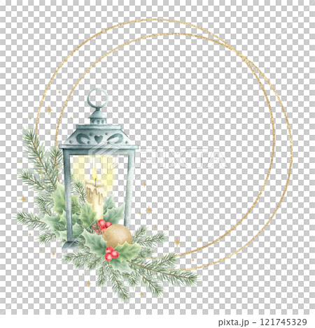 Christmas lantern, fir branches, cones and holly berries and leaves round wreath with double golden frame. Hand drawn watercolor isolated illustration for New Year greeting card templates and designs. Christmas lantern, fir branches, cones and holly berries and leaves round wreath with double golden frame. Hand drawn watercolor isolated illustration for New Year greeting card templates and designs. 121745329