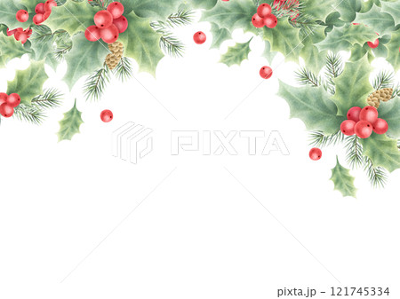 Christmas card with holly, red berries, fir tree branches and cones horizontal template. Hand drawn watercolor isolated illustration with empty space for text. For New year greeting cards, design. Christmas card with holly, red berries, fir tree branches and cones horizontal template. Hand drawn watercolor isolated illustration with empty space for text. For New year greeting cards, design. 121745334