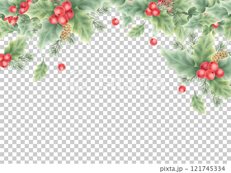 Christmas card with holly, red berries, fir tree branches and cones horizontal template. Hand drawn watercolor isolated illustration with empty space for text. For New year greeting cards, design. Christmas card with holly, red berries, fir tree branches and cones horizontal template. Hand drawn watercolor isolated illustration with empty space for text. For New year greeting cards, design. 121745334