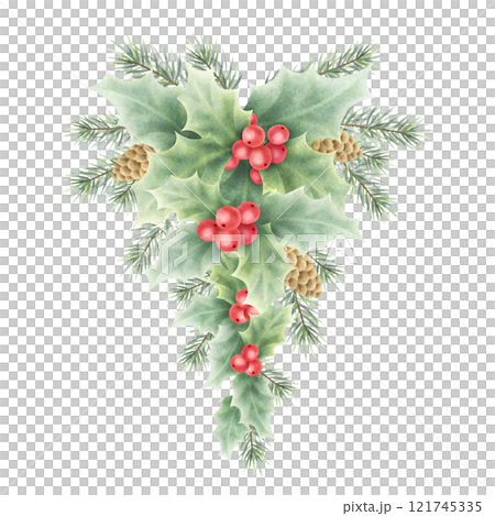 Christmas holly plant with red berries, green leaves, fir branch and cones. Watercolor isolated illustration. Hand drawn festive composition for New Year greeting cards, sticker, packaging and design. Christmas holly plant with red berries, green leaves, fir branch and cones. Watercolor isolated illustration. Hand drawn festive composition for New Year greeting cards, sticker, packaging and design. 121745335