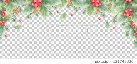 Christmas holly, red berries and green leaves, spruce branches and cones horizontal frame. Hand drawn watercolor isolated illustration, banner with copy space for text. For New year greeting design. Christmas holly, red berries and green leaves, spruce branches and cones horizontal frame. Hand drawn watercolor isolated illustration, banner with copy space for text. For New year greeting design. 121745336