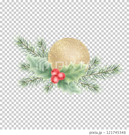 Christmas golden tree ball with holly plant and fir branch. Hand drawn watercolor isolated illustration. Composition for Happy New Year greeting cards template, sticker, festive packaging and designs. Christmas golden tree ball with holly plant and fir branch. Hand drawn watercolor isolated illustration. Composition for Happy New Year greeting cards template, sticker, festive packaging and designs. 121745348