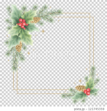 Christmas spruce branches, cones and holly berry and leaves square frame with double golden frame. Hand drawn watercolor isolated illustration for New Year greeting card templates and festive design. 121745359