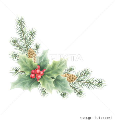 Christmas holly plant with red berries, green leaves, fir branch and cones. Watercolor isolated illustration. Hand drawn festive composition for New Year greeting cards, sticker, packaging and design. Christmas holly plant with red berries, green leaves, fir branch and cones. Watercolor isolated illustration. Hand drawn festive composition for New Year greeting cards, sticker, packaging and design. 121745361