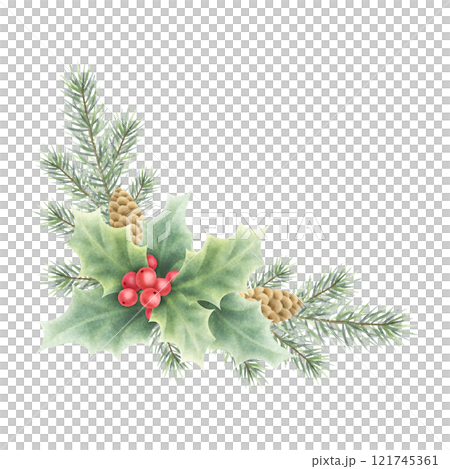 Christmas holly plant with red berries, green leaves, fir branch and cones. Watercolor isolated illustration. Hand drawn festive composition for New Year greeting cards, sticker, packaging and design. Christmas holly plant with red berries, green leaves, fir branch and cones. Watercolor isolated illustration. Hand drawn festive composition for New Year greeting cards, sticker, packaging and design. 121745361