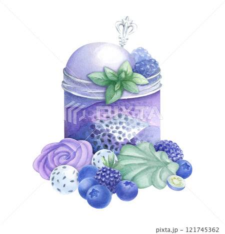 Dessert with whipped cream, ice cream, chia seeds, mint, blueberry and blackberry in glass jar, with silver spoon. Marshmallow and candy. Hand drawn watercolor isolated illustration for food design. 121745362