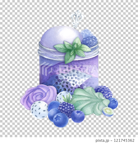 Dessert with whipped cream, ice cream, chia seeds, mint, blueberry and blackberry in glass jar, with silver spoon. Marshmallow and candy. Hand drawn watercolor isolated illustration for food design. 121745362