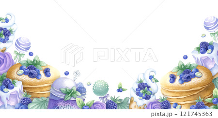Pancakes, cakes, blueberry, blackberry, ice cream, marshmallows, cake pops and whipped cream in purple and green colors. Hand draw watercolor isolated illustration rectangular frame for bakery design. 121745363