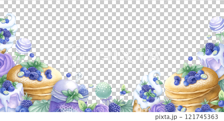 Pancakes, cakes, blueberry, blackberry, ice cream, marshmallows, cake pops and whipped cream in purple and green colors. Hand draw watercolor isolated illustration rectangular frame for bakery design. 121745363