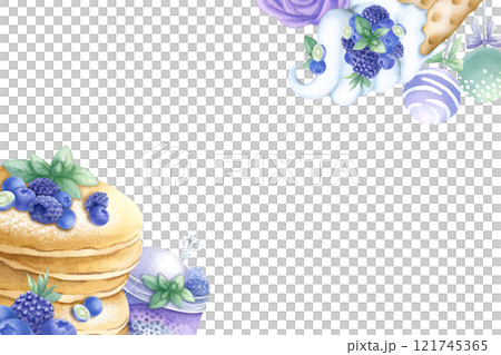 Pancakes, blueberry, blackberry, ice cream, cake pop, whipped cream, marshmallow watercolor isolated illustration. Hand draw desserts with berries. Rectangular frame with copy space for confectionery. 121745365