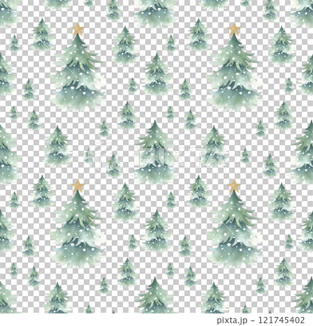 Christmas trees snow-covered with festive golden star decoration on top, forest winter landscape. Hand drawn watercolor isolated seamless pattern for New Year festive packaging paper, wallpaper. 121745402