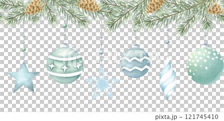 Christmas seamless border with tree balls, holly, berries, leaves, spruce branch and cones. Hand drawn watercolor isolated illustration for New Year greeting card template, festive packaging, textile. Christmas seamless border with tree balls, holly, berries, leaves, spruce branch and cones. Hand drawn watercolor isolated illustration for New Year greeting card template, festive packaging, textile. 121745410
