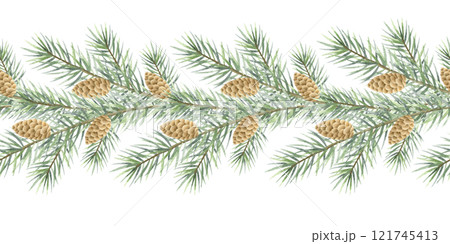 Christmas fir branches with cones watercolor isolated illustration. Hand drawn seamless border with green spruce tree branch with needles for Happy New Year greeting cards template, festive designs. 121745413