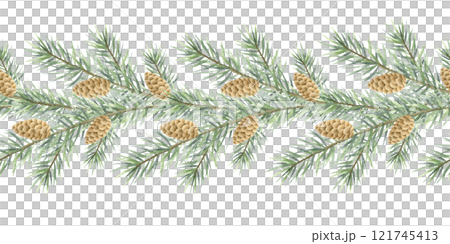 Christmas fir branches with cones watercolor isolated illustration. Hand drawn seamless border with green spruce tree branch with needles for Happy New Year greeting cards template, festive designs. 121745413