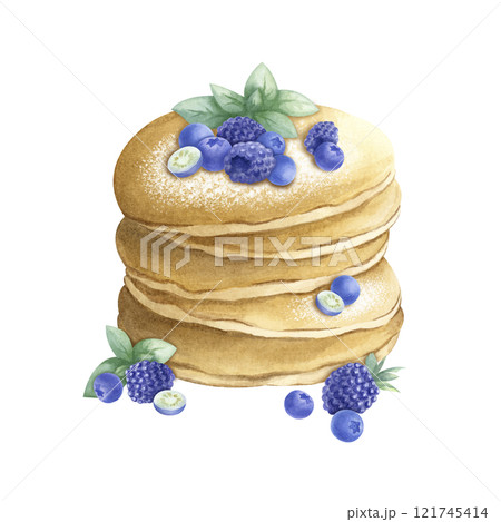 Pancakes with blueberry, blackberry and mint. Hand drawn watercolor isolated illustration. For Mardi Gras, Shrovetide, Maslenitsa holiday, Shrove Tuesday, Pancake Day and Week, Fat Tuesday, carnival. 121745414