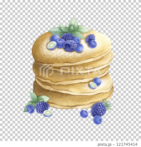 Pancakes with blueberry, blackberry and mint. Hand drawn watercolor isolated illustration. For Mardi Gras, Shrovetide, Maslenitsa holiday, Shrove Tuesday, Pancake Day and Week, Fat Tuesday, carnival. 121745414