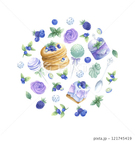 Pancakes, cakes, blueberry, blackberry, marshmallows, cake pops in purple and green colors round composition. Hand draw watercolor isolated illustration for kitchen textile, round tableware and plate. Pancakes, cakes, blueberry, blackberry, marshmallows, cake pops in purple and green colors round composition. Hand draw watercolor isolated illustration for kitchen textile, round tableware and plate. 121745419